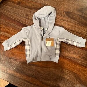 Burberry Light Gray Kids Hooded Zip-Up Sweatshirt with Plaid Panels